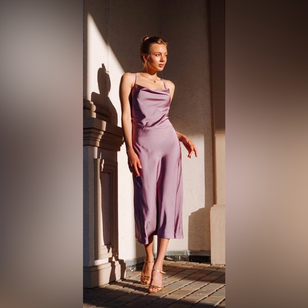 Purple silk slip dress cowl neck Silk midi dress with bare shoulders
